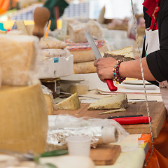 Image showing Cheese market. Large selection of cheeses.