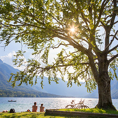 Image showing Couple enjoying beautiful nature around lake Bohinj, Slovenia.