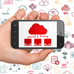 Image showing Cloud technology concept: Hand Holding Smartphone with Cloud Network on display