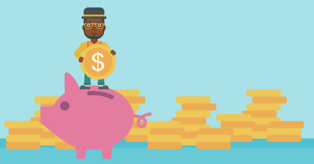 Image showing Man putting coin in piggy bank vector illustration