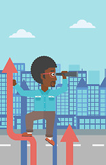 Image showing Businessman with spyglass on rising arrow.