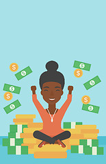 Image showing Happy business woman sitting on coins.