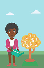 Image showing Woman watering money tree vector illustration.