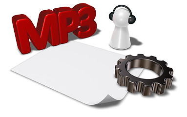 Image showing mp3 tag, gear wheel and pawn with headphones - 3d rendering