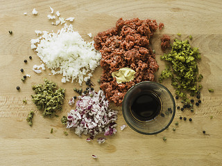 Image showing mixing steak tartare ingredients in a bowl