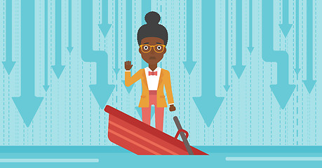 Image showing Business woman standing in sinking boat.