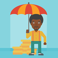 Image showing Businessman with umbrella protecting money.