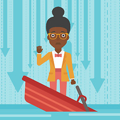 Image showing Business woman standing in sinking boat.