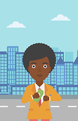 Image showing Woman putting money in pocket vector illustration.