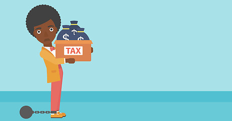 Image showing Chained business woman with bags full of taxes.