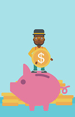 Image showing Man putting coin in piggy bank vector illustration