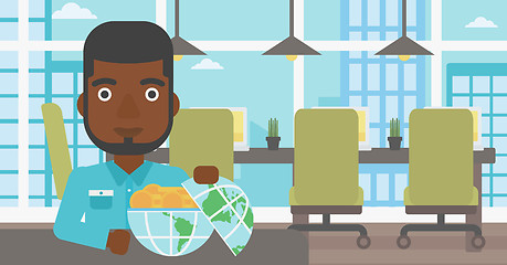 Image showing Businessman with Earth globe full of money.