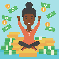 Image showing Happy business woman sitting on coins.