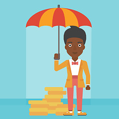 Image showing Business woman with umbrella protecting money.