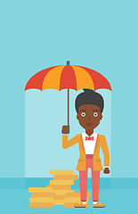 Image showing Business woman with umbrella protecting money.