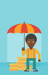 Image showing Businessman with umbrella protecting money.