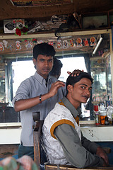 Image showing Hair cutting in an indian's salon in Sonakhali, West Bengal, India