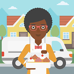 Image showing Baker delivering cakes vector illustration.