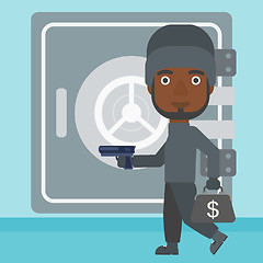 Image showing Burglar with gun near safe vector illustration.