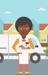 Image showing Baker delivering cakes vector illustration.