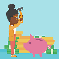 Image showing Woman breaking piggy bank vector illustration.