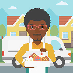 Image showing Baker delivering cakes vector illustration.