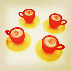 Image showing Coffee cups on saucer. 3D illustration. Vintage style.