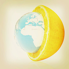 Image showing Earth on orange fruit. Creative conceptual image. . 3D illustrat