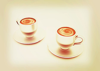 Image showing Coffee cups on saucer. 3D illustration. Vintage style.