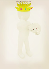 Image showing 3d people - man, person with a golden crown. King with brain. 3D