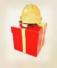 Image showing hard hat on a red gift. 3D illustration. Vintage style.