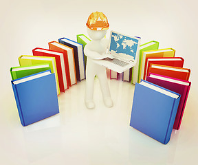 Image showing 3d man in hard hat working at his laptop and books . 3D illustra