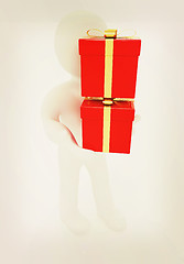 Image showing 3d man gives red gifts with gold ribbon. 3D illustration. Vintag