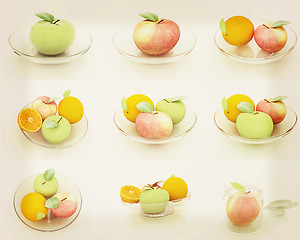 Image showing Set of citrus on a glass plate. 3D illustration. Vintage style.