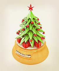 Image showing Christmas tree and gifts. 3D illustration. Vintage style.