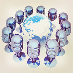 Image showing Global online with earth and mics. 3D illustration. Vintage styl