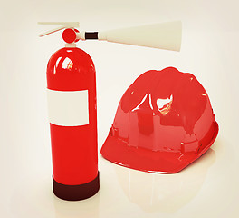 Image showing Red fire extinguisher and hardhat . 3D illustration. Vintage sty