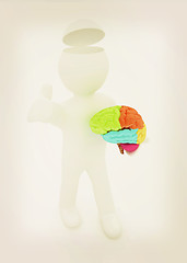 Image showing 3d people - man with half head, brain and trumb up. . 3D illustr