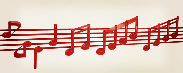 Image showing Various music notes on stave. Red 3d. 3D illustration. Vintage s