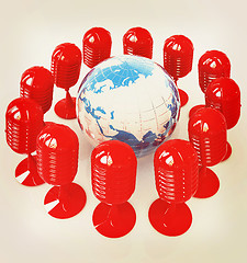 Image showing Global online with earth and mics. 3D illustration. Vintage styl