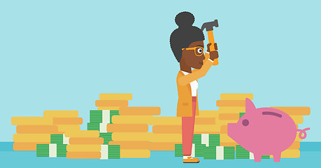 Image showing Woman breaking piggy bank vector illustration.