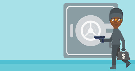 Image showing Burglar with gun near safe vector illustration.