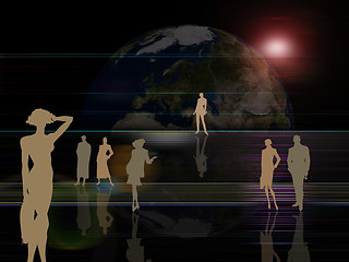 Image showing Earth background and active people shilouettes