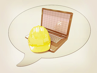 Image showing messenger window icon and hard hat. Technical engineer concept .