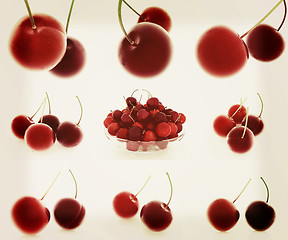 Image showing Set of fresh cherries. 3D illustration. Vintage style.
