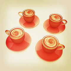 Image showing Coffee cups on saucer. 3D illustration. Vintage style.