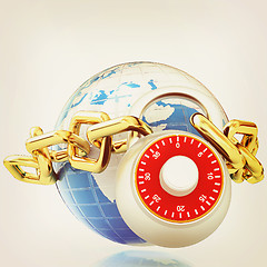 Image showing Earth globe close in chain and padlock . 3D illustration. Vintag