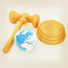 Image showing Wooden gavel and earth isolated on white background. Global auct