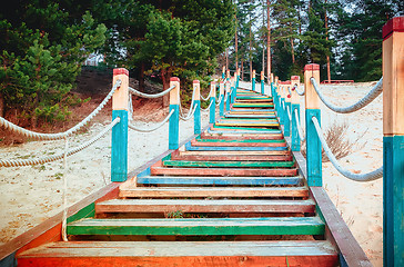 Image showing Color Wooden Staircase On The Beach Among The Pines