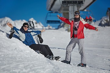 Image showing Skiers having a rest